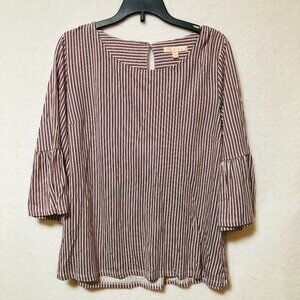 Skies Are Blue Maroon & White Striped Quarter Bell Sleeve Blouse Top Size Small